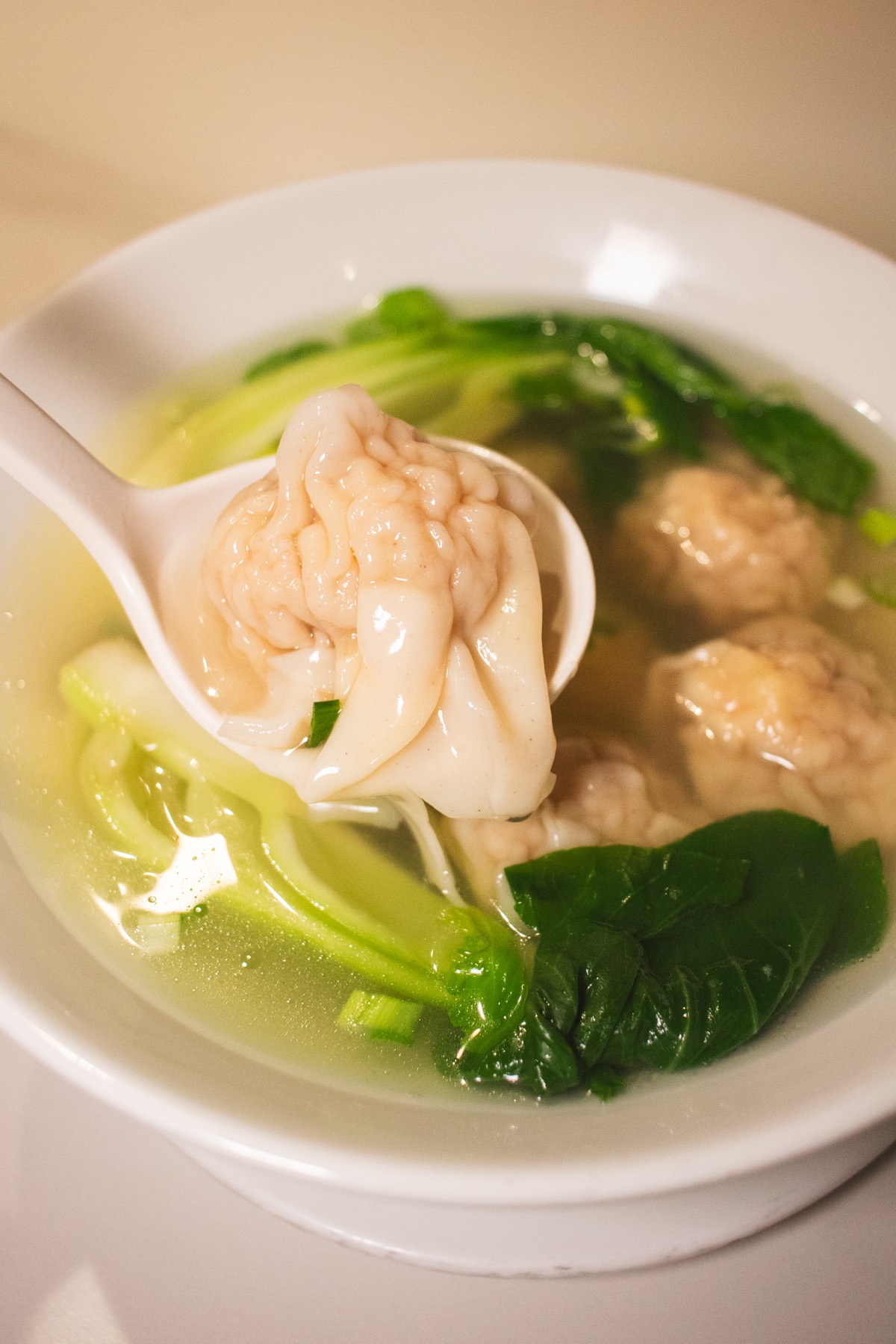 Shrimp wonton soup with bok choy in a clear broth